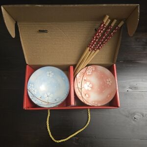 Set Of Pink And Blue Japanese Style Rice Bowls With Chopsticks New